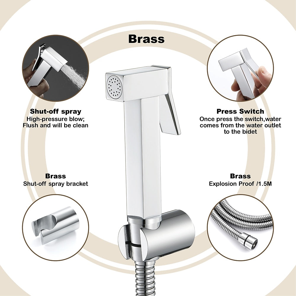 Self-Cleaning Solid Brass Bidet Sprayer, Wall-Mount Toilet Bidet Sprayer with Hose / Bracket, Black / Silver / Gold