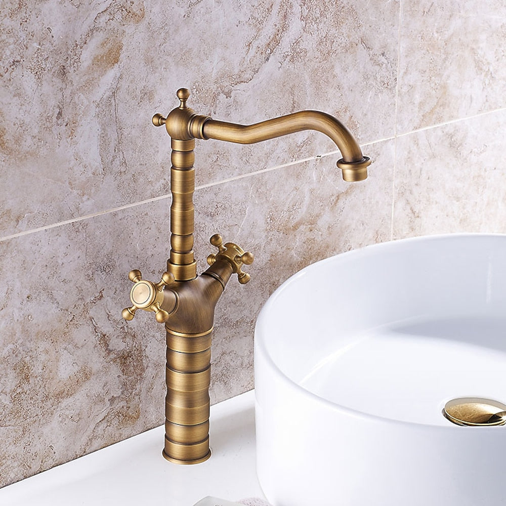 Antique Brass Vessel Sink Faucet, Traditional Double Handle Swivel Faucet with Pop-Up Drain