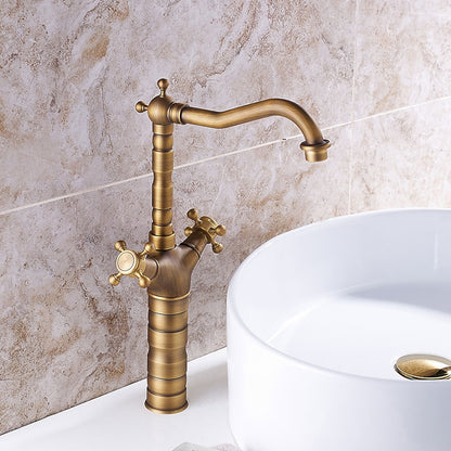 Antique Brass Vessel Sink Faucet, Traditional Double Handle Swivel Faucet with Pop-Up Drain