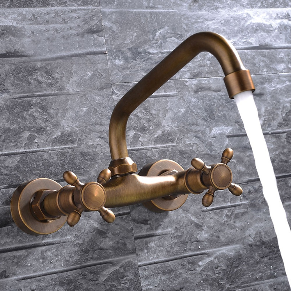 Retro Wall-Mount Antique Brass Bathroom Faucet, Double Cross Handle Swivel Spout Brass Utility Faucet