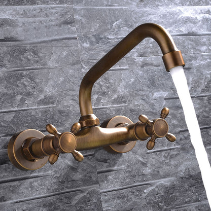Retro Wall-Mount Antique Brass Bathroom Faucet, Double Cross Handle Swivel Spout Brass Utility Faucet
