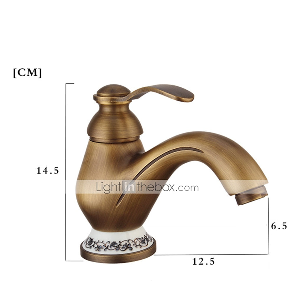 Vintage Antique Brass Bathroom Faucet, Single-Handle Single-Hole Faucet with Floral Ceramic Base