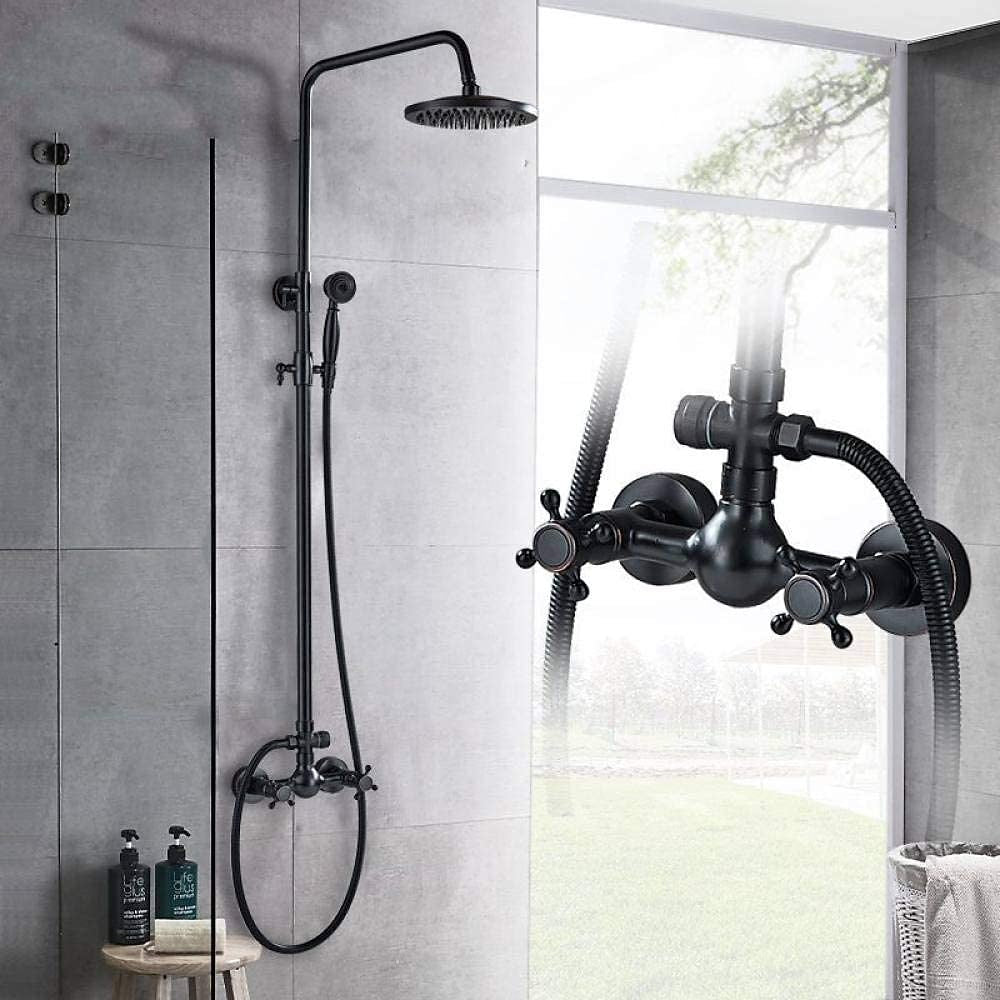 Oil-Rubbed Bronze Antique Rainfall Shower System, Wall-Mounted Brass Dual-Handle Shower Faucet with Handheld Shower