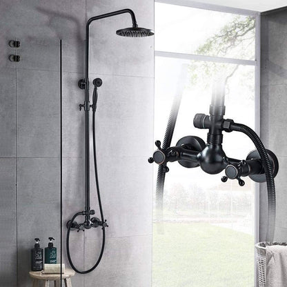 Oil-Rubbed Bronze Antique Rainfall Shower System, Wall-Mounted Brass Dual-Handle Shower Faucet with Handheld Shower