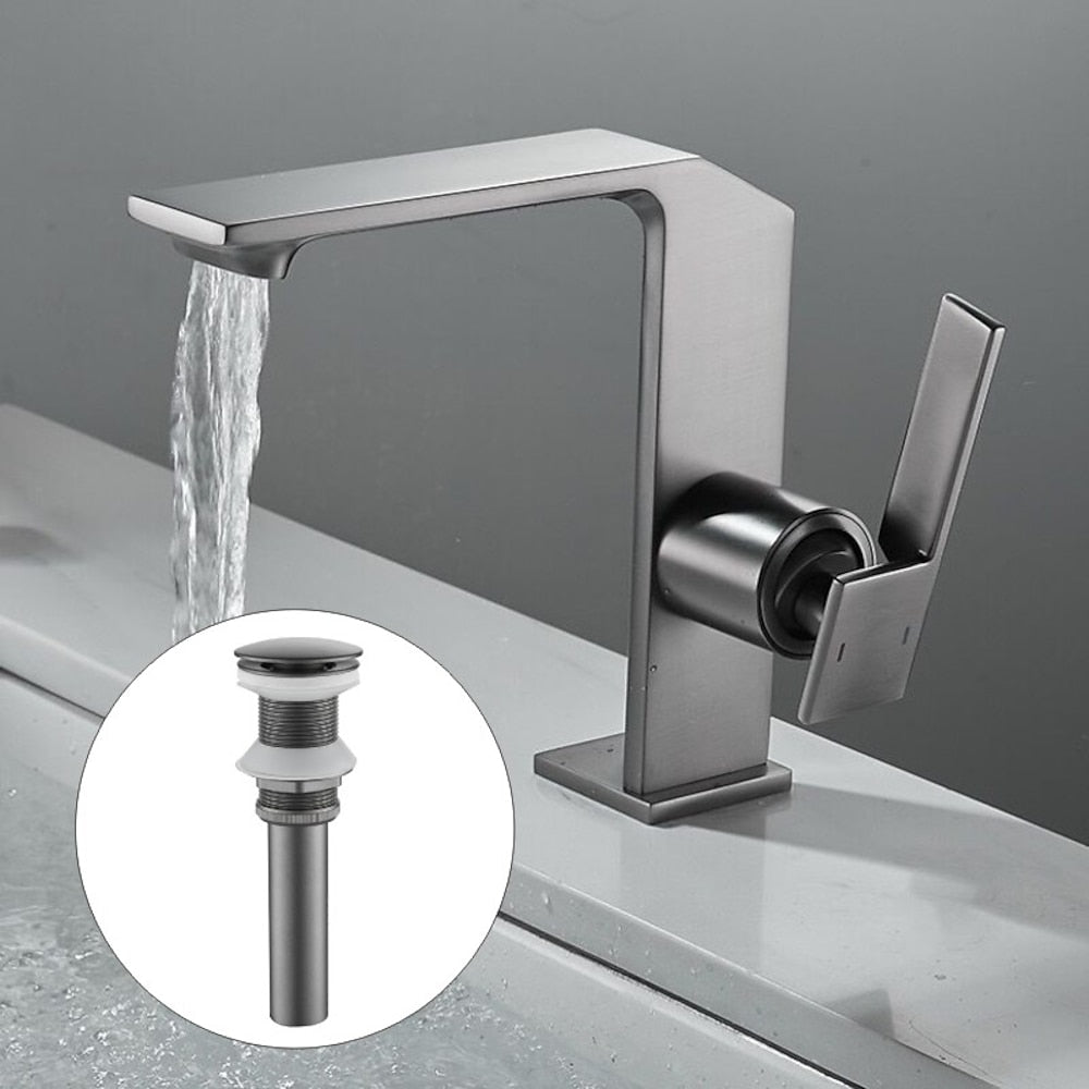 Modern Waterfall Bathroom Faucet, Single-Handle Brass Faucet, Chrome / Matte Black / Brushed Gold / Gunmetal