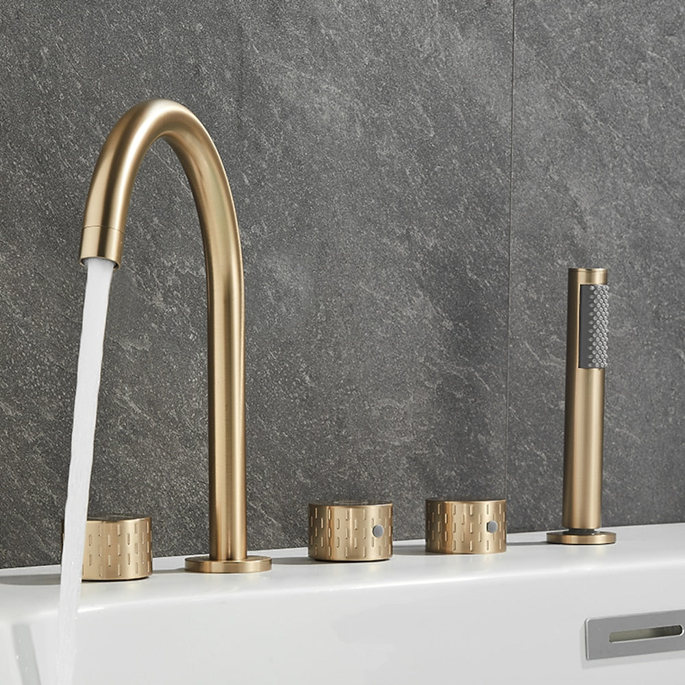 Contemporary 3-Handle Roman Tub Faucet, 5-Hole Brass Tub Filler with Handheld Shower