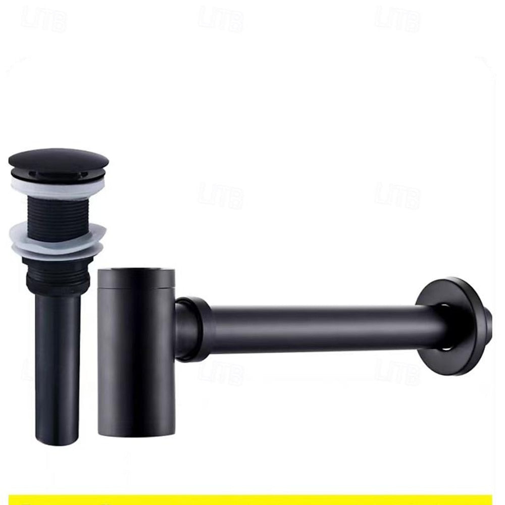 Contemporary Brass Pop-Up Sink Drain with Overflow, Wall-Mounted Bottle P-Trap Waste Assembly, Antique Brass / Chrome / Matte Black / Brushed Brass / Polished Gold