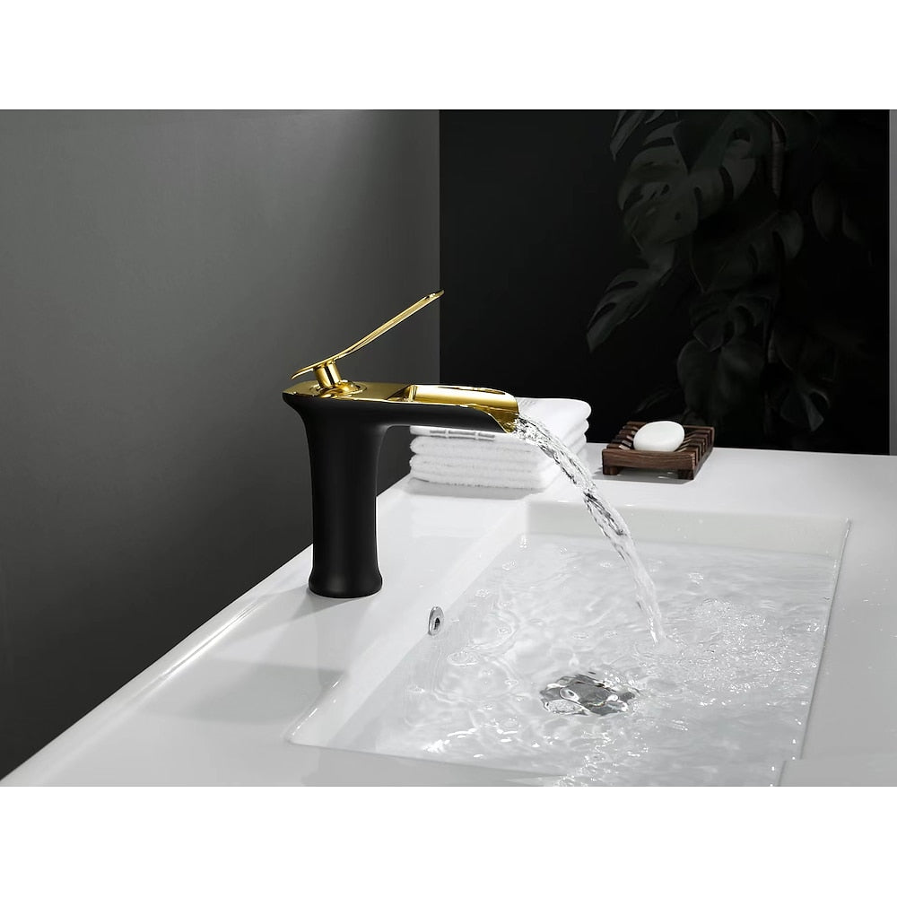 Waterfall Bathroom Sink Faucet, Single-Handle Brass Faucet