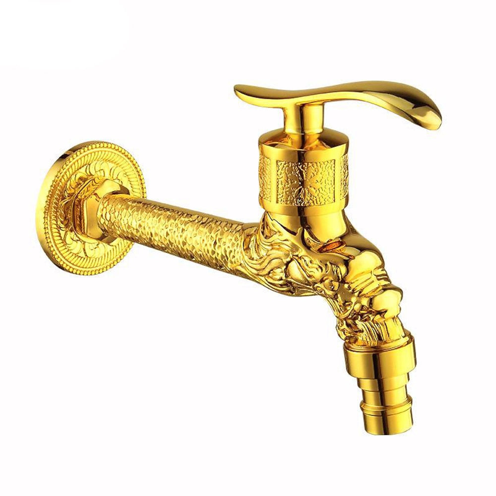 Vintage Carved Single-Cold Faucet, Wall-Mount Brass Washing Machine Faucet, Antique Brass / Polished Gold