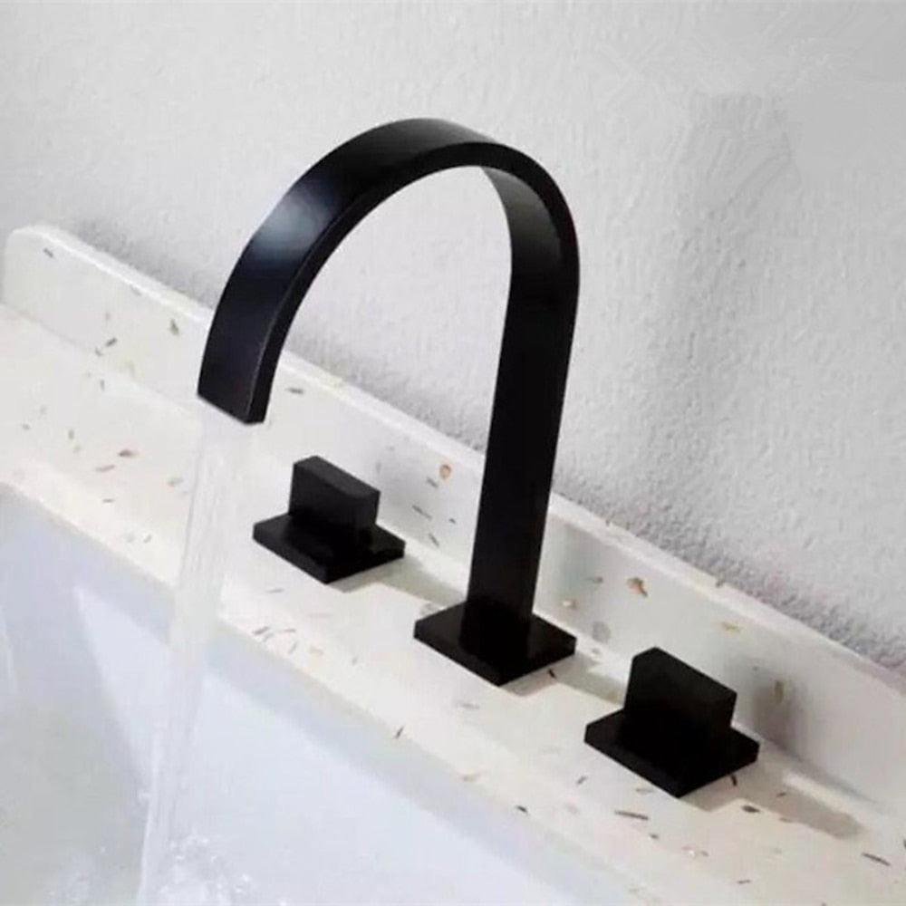 Modern Brass Waterfall Roman Tub Faucet, 3-Hole Dual-Handle High Arc Bathtub Faucet, Matte Black / Chrome