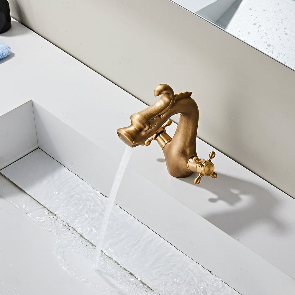 Vintage Antique Brass Dragon Bathroom Faucet, Single-Hole Solid Brass Faucet with Dual Cross Handles