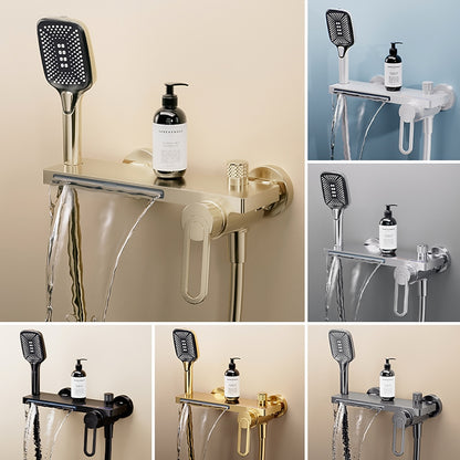 Modern Waterfall Wall-Mount Tub Faucet, Single-Handle Bath Faucet with Handheld Shower, Brushed Gold / Matte Black / Chrome / Matte White / Gunmetal
