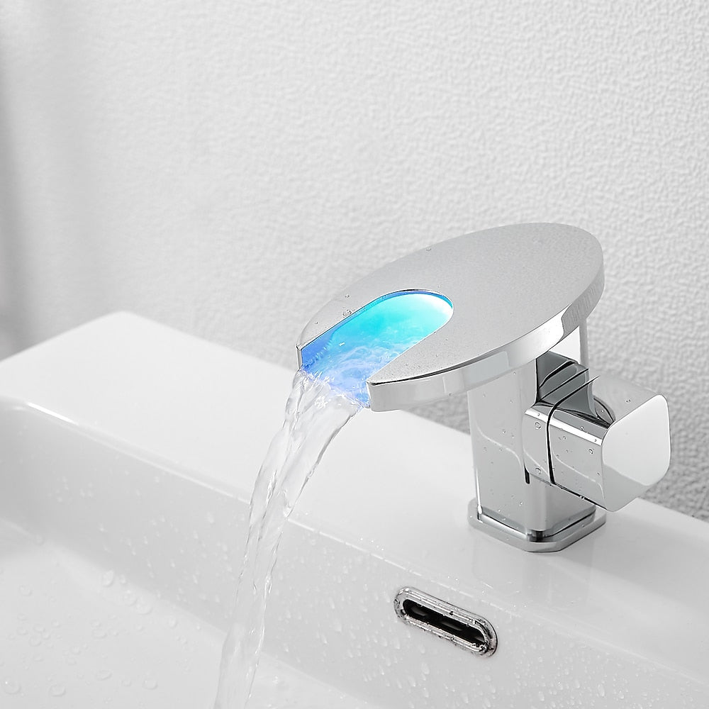 LED Waterfall Bathroom Faucet, Single-Handle Deck-Mount Faucet, Matte Black / Chrome / Polished Gold / Matte White