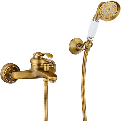 Antique Brass Vintage Wall-Mount Tub Filler Faucet, Single-Handle Brass Faucet with Handheld Shower