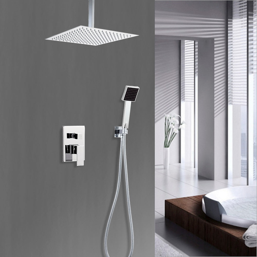 Chrome Ceiling-Mount Rainfall Shower System, Modern Complete Shower Faucet Set with Handheld Shower