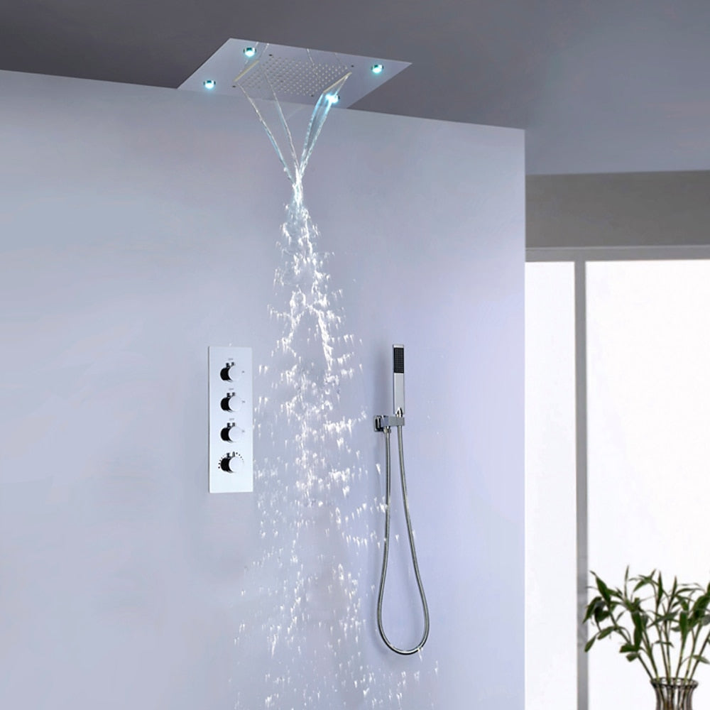 LED Waterfall Rainfall Complete Shower System, Ceiling-Mounted Chrome Shower Faucet with Handheld Shower