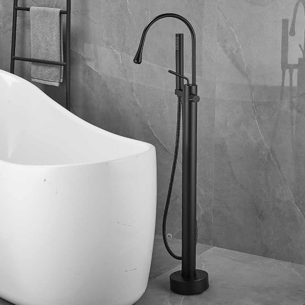 Modern High Arc Freestanding Tub Filler Faucet, Single-Handle Brass Bath Faucet with Handheld Shower, Chrome / Matte Black