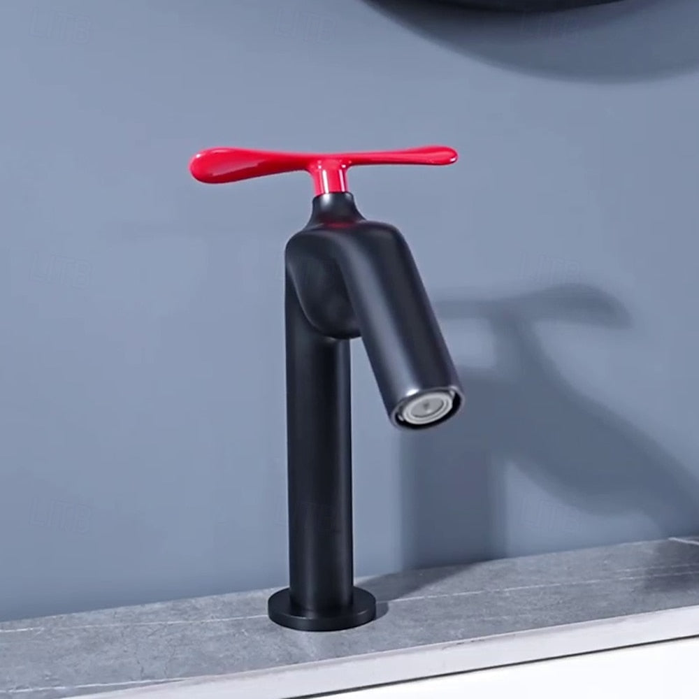 Modern Single-Hole Bathroom Faucet with Propeller Handle, Black / White / Burgundy / Orange Red