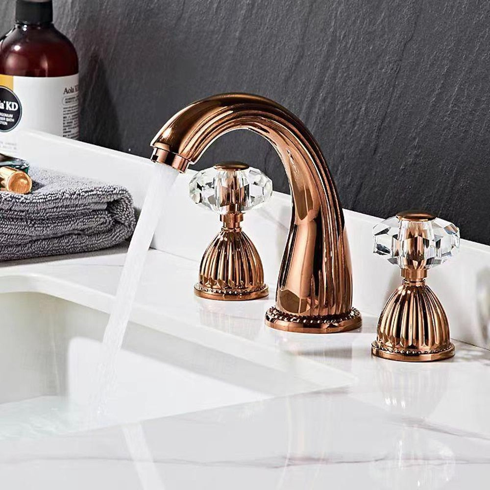 Modern Widespread Bathroom Faucet with Crystal Knob Handles, 3-Hole Double-Handle Brass Basin Mixer Tap, Antique Brass / Brushed Gold / Chrome / Matte Black / Rose Gold / Gunmetal / PVD