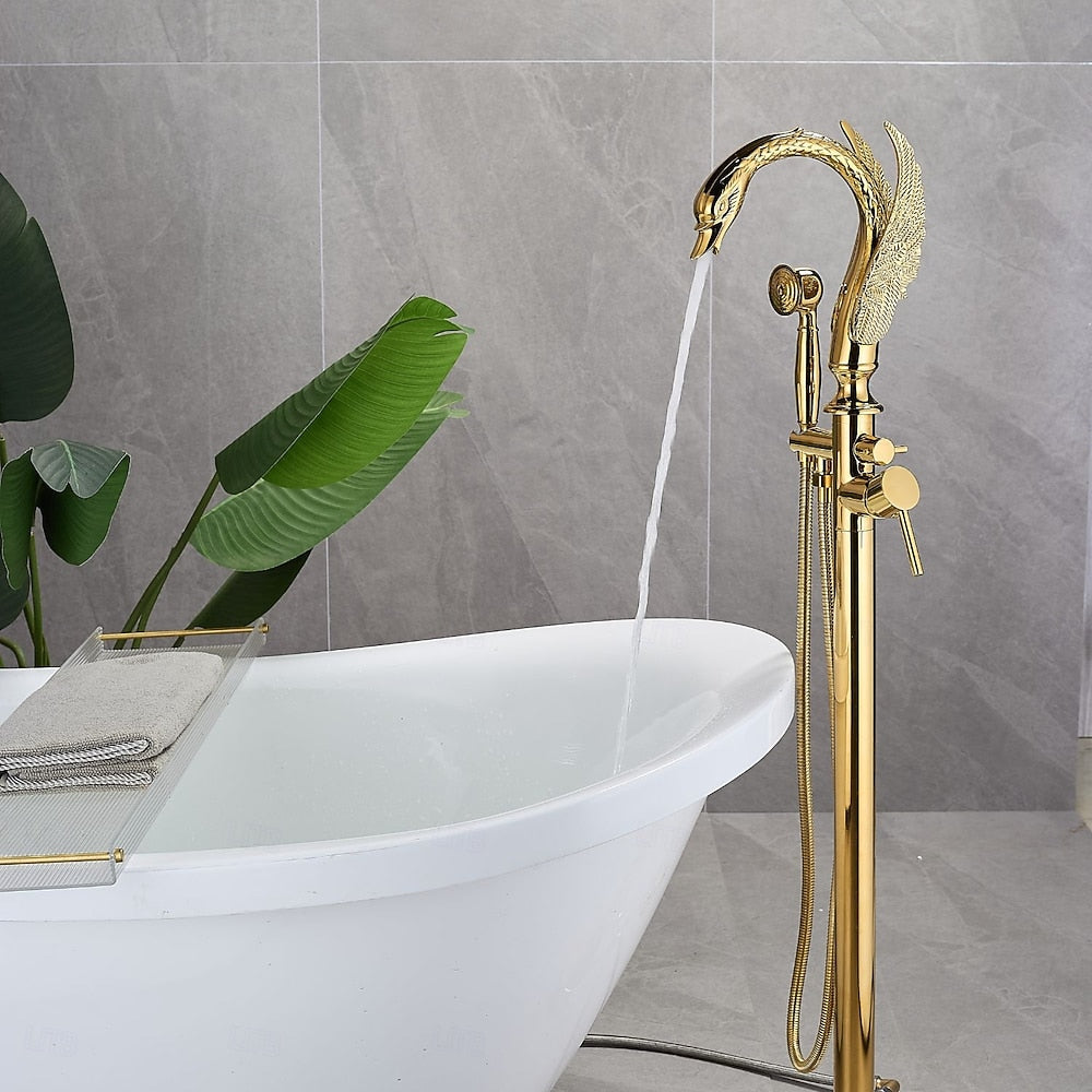 Swan Design Freestanding Tub Filler Faucet, Single-Handle Swivel Spout Tub Faucet with Handheld Shower, Polished Gold / Matte Black