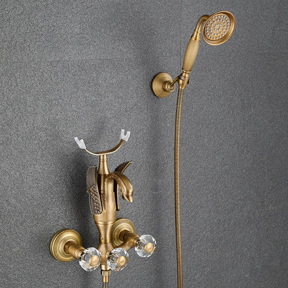 Swan Spout Wall-Mount Bathtub Faucet, Dual-Handle Tub Filler with Handheld Shower, Antique Brass / Matte Black / Chrome / Polished Gold
