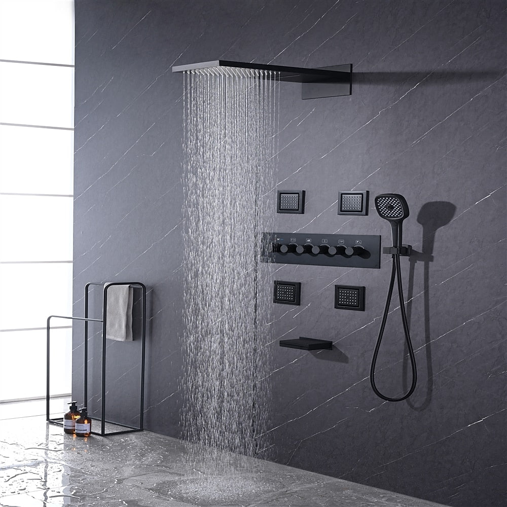 Matte Black Thermostatic Waterfall Rainfall Contemporary Shower System, Wall-Mount 5-Function Brass Faucet with Handheld Shower