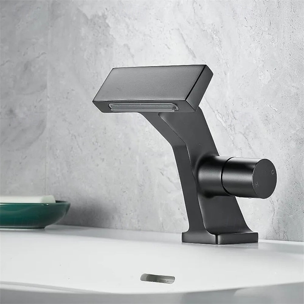 Waterfall Single-Hole Bathroom Faucet, Single-Handle Deck-Mount Faucet, Antique Brass / Brushed Gold / Chrome / Gunmetal / Matte Black / Matte White