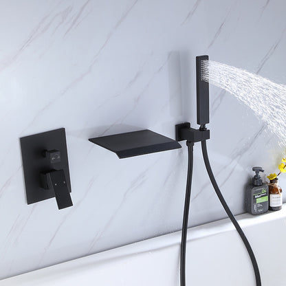 Waterfall Wall-Mount Tub Faucet, Single-Handle Tub Filler with Handheld Shower, Matte Black / Chrome