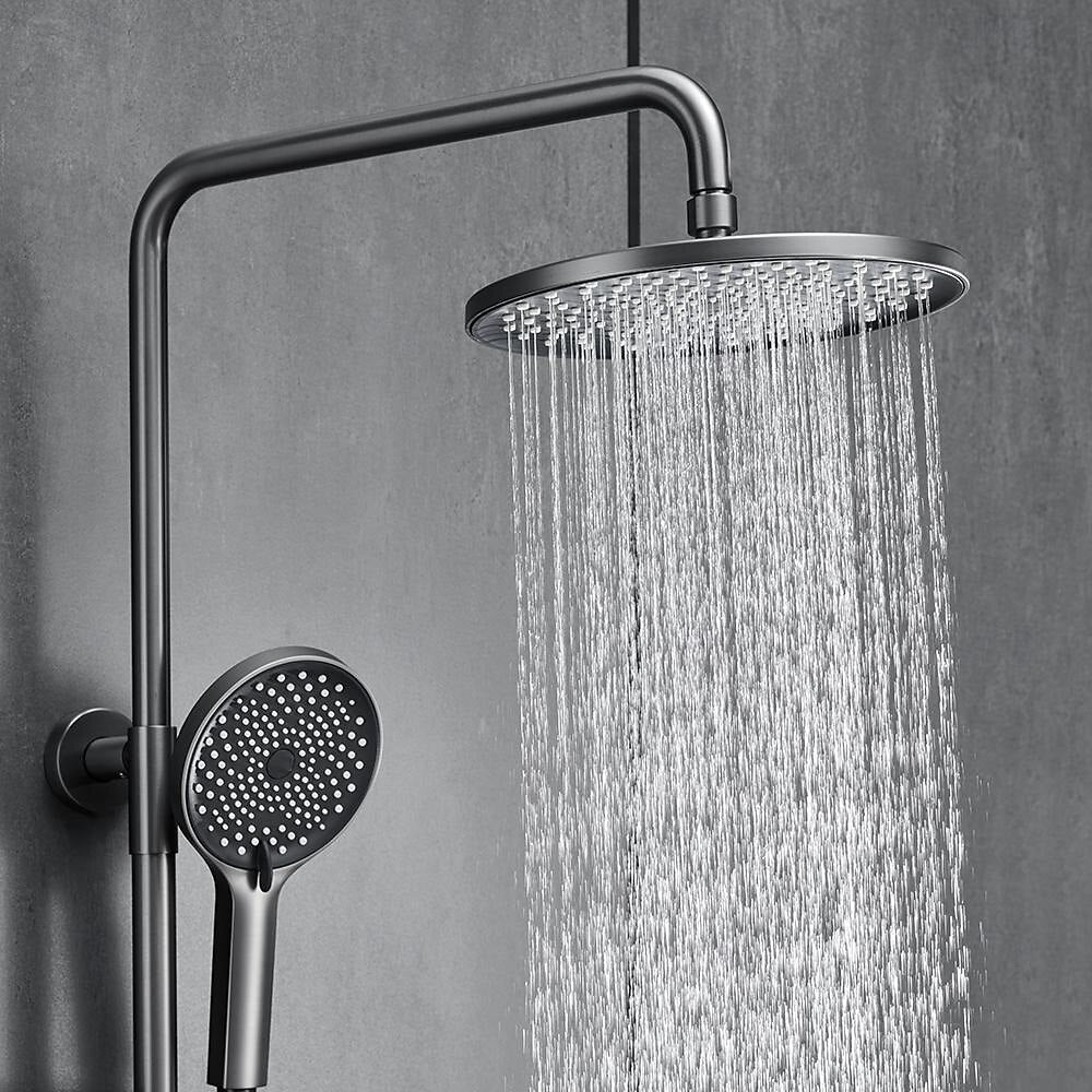Thermostatic Wall-Mount Shower System, Multi-Function Rainfall Faucet with Handheld Shower, Chrome / Gunmetal