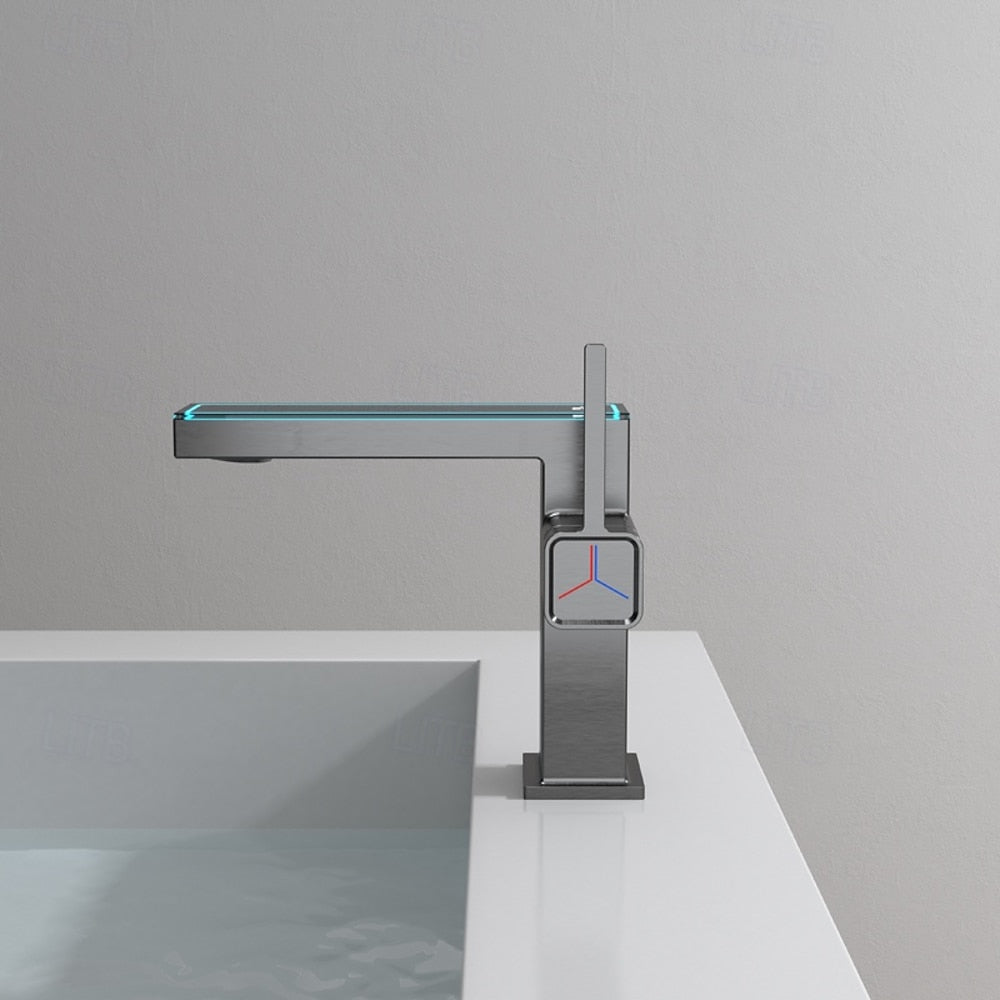 LED Temperature Display Waterfall Bathroom Faucet, Single-Hole Single-Handle Brass Faucet, Silver / Gold / Gray / White / Black / Multi