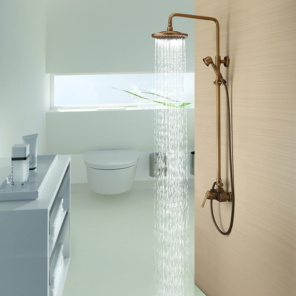Antique Brass Wall-Mounted Shower System, Rainfall Shower System with Handheld Shower