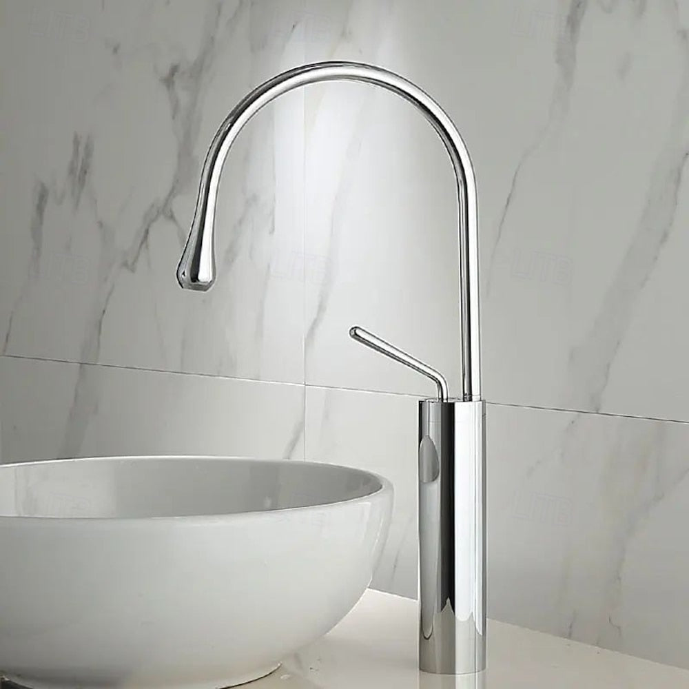 Single-Hole Vessel Sink Faucet, High Arc Gooseneck Spout Faucet, Chrome / Matte Black / Brushed Gold / Gunmetal