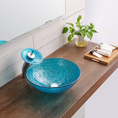 Blue Tempered Glass Vessel Sink with Chrome Waterfall Faucet, Modern Single-Hole Bathroom Vanity Basin Set with Pop-Up Drain