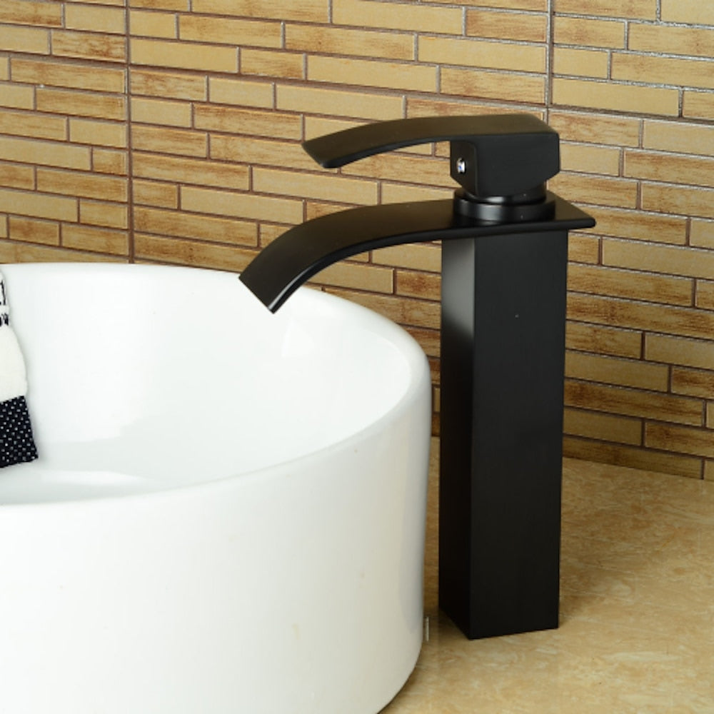 Matte Black Modern Waterfall Vessel Sink Faucet, Single-Handle Single-Hole Bathroom Faucet