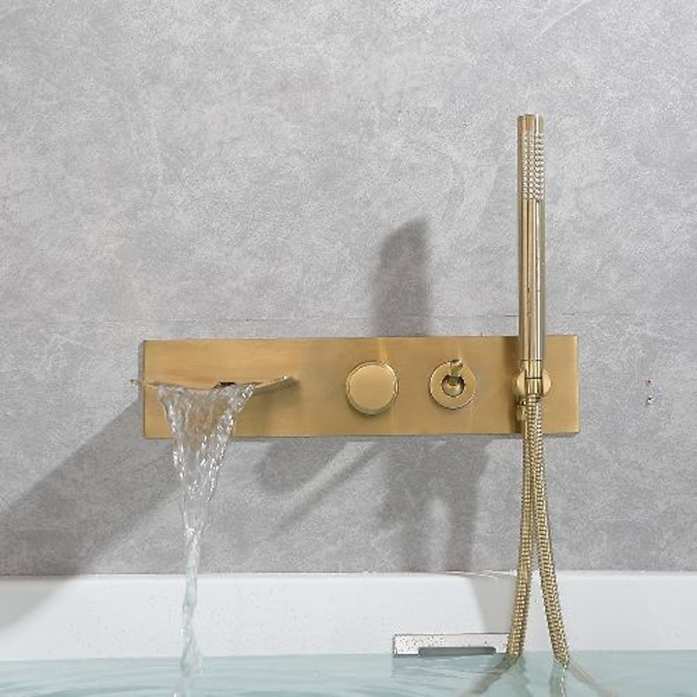 Waterfall Wall-Mount Tub Filler Faucet, Brass Bathtub Faucet with Handheld Shower, Brushed Gold / Matte Black