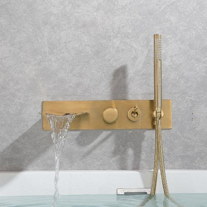 Waterfall Wall-Mount Tub Filler Faucet, Brass Bathtub Faucet with Handheld Shower, Brushed Gold / Matte Black